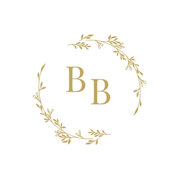 Elegant golden BB initials surrounded by a delicate leafy wreath on white background.