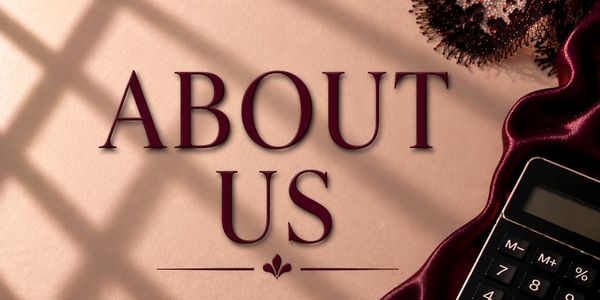 A stylish 'About Us' text with shadows and elegant decor.