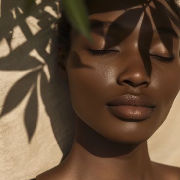 Close-up of a serene woman with shadows of leaves on her face after skin treatments