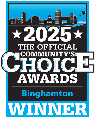2025 Binghamton Community's Choice Awards winner badge with city skyline and hot air balloons.