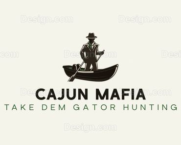 Logo depicting a mysterious man in a boat with the text 'Cajun Mafia Take Dem Gator Hunting'.