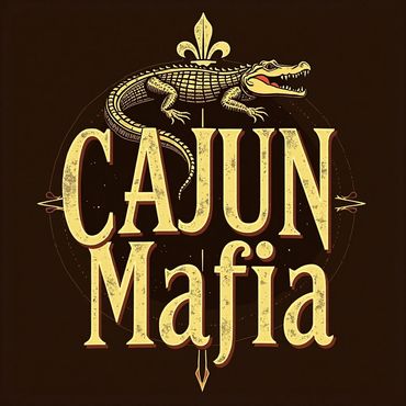 Vintage style 'Cajun Mafia' logo with an alligator and fleur-de-lis.