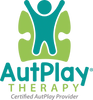 Logo of AutPlay Therapy with a joyful figure and green elements.