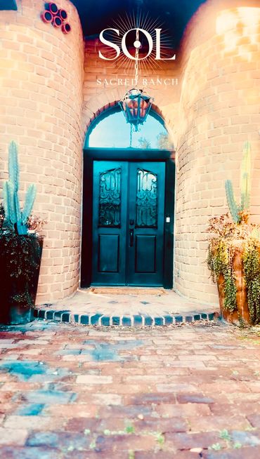 Elegant entrance with black double doors framed by brick walls and potted cacti.