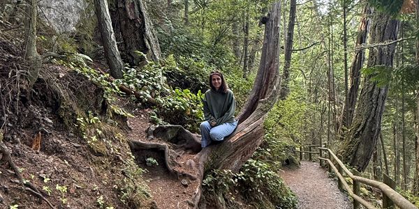 Jessie, Wild Roots Yoga instructor, sitting on a naturally curved tree trunk along a wooded hiking trail surrounded by tall evergreen trees.