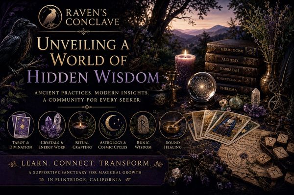 Raven's Conclave offers ancient wisdom through tarot, crystals, astrology, and more in a magical community.