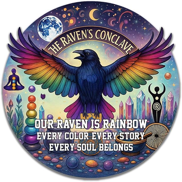 A rainbow-winged raven with spiritual symbols and crystals under a starry sky to represent our love of astrology, tarot, and esoteric community.