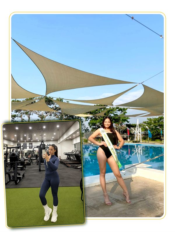 Woman posing by pool and gym mirror selfie.