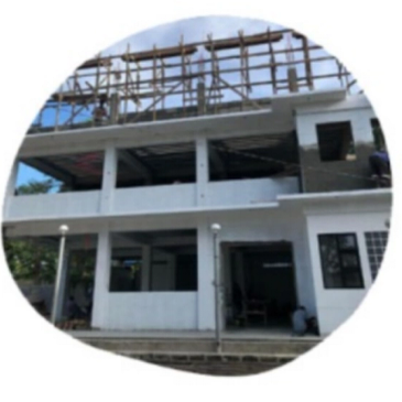 Under-construction building with scaffolding on roof.