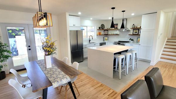 Open Concept Kitchen Construction and Remodel project. Kitchen Island, Cabinets, Cedar Shelves.