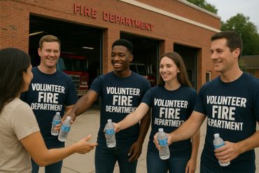 Volunteer firefighters offer water bottles outside a fire department building.