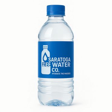 Clear plastic water bottle with a blue label and cap.