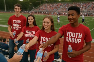 Youth group members in red shirts handing out water bottles at a sports event.