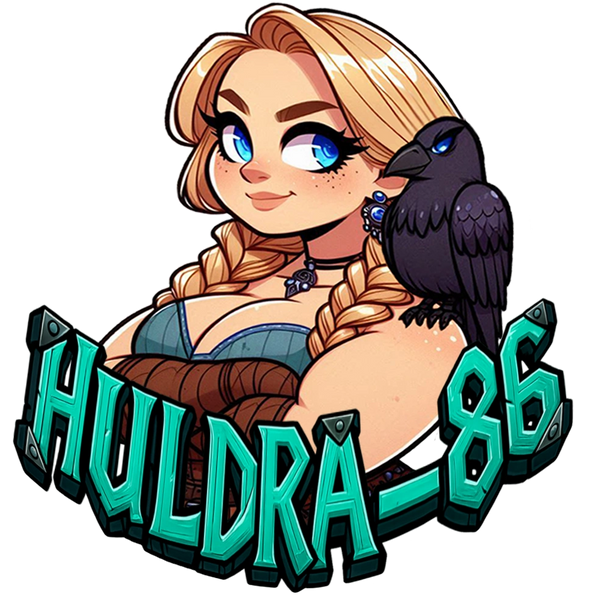 Cartoon of a blonde woman with blue eyes and a black crow on her shoulder, labeled 'Huldra_86'.