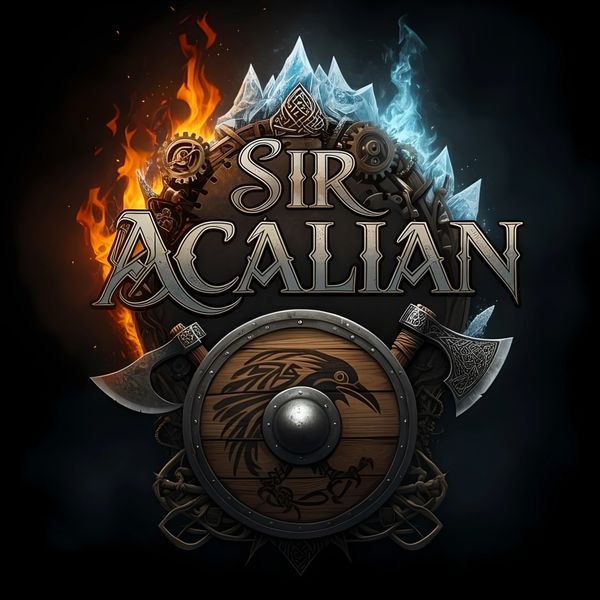 A fantasy-themed emblem for Sir Acalian with fire, ice, axes, and a raven shield.