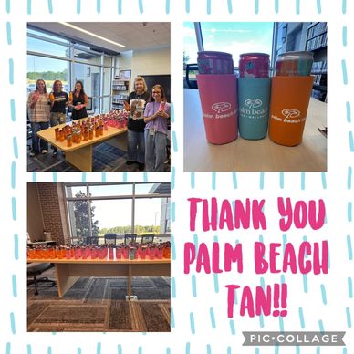 Thank you Palm Beach Tan with images of people and tan bottles.