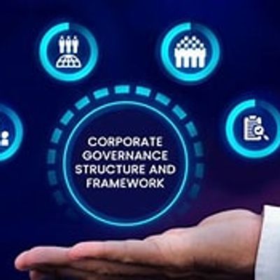 Hand holding glowing icons representing corporate governance structure and framework.