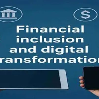 Hands holding tablet and smartphone under financial inclusion and digital transformation icons.