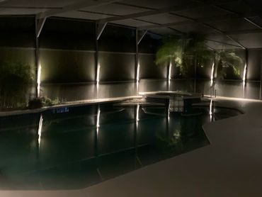 Pool cage sconces light up the patio area, and they are color-changing!