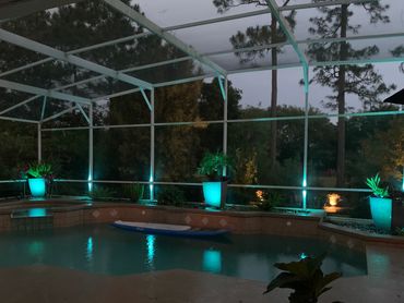 Color-changing well lights to highlight potted plants and color-changing sconces for pool cages