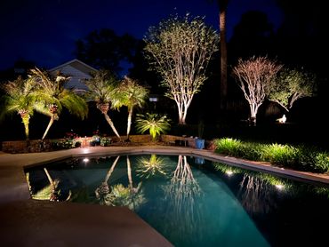 Landscaping is highlighted around the pool with layers of lighting.
