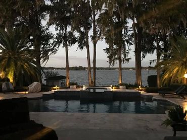 Pathlights around pool on lake