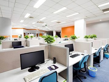 Modern office cubicles with computers and blue chairs, decorated with green plants.
