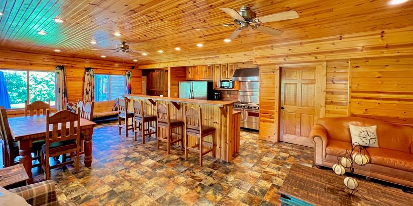 Off The Deep End House & Loft vacation rental living room and kitchen in Noel, MO on Elk River