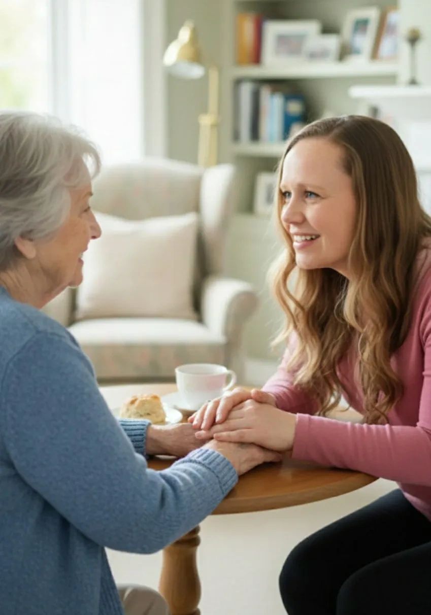Young woman warmly holding hands with elderly woman at a table.
