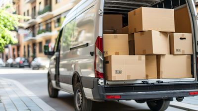 Delivery van loaded with cardboard boxes on a city street.