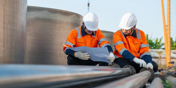 Two engineers workers reviewing plans at a worksite.