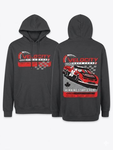 Black hoodie featuring a racing car and velocity-themed graphics.