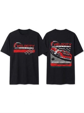 Black T-shirt with red and white race car graphics and Velocity Race Cars text.
