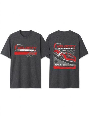 Dark gray Velocity Race Cars t-shirt with racing graphics on front and back.