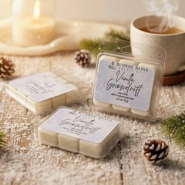 Vanilla Snowdrift wax melts by Blonde Bliss with a cozy winter setting.