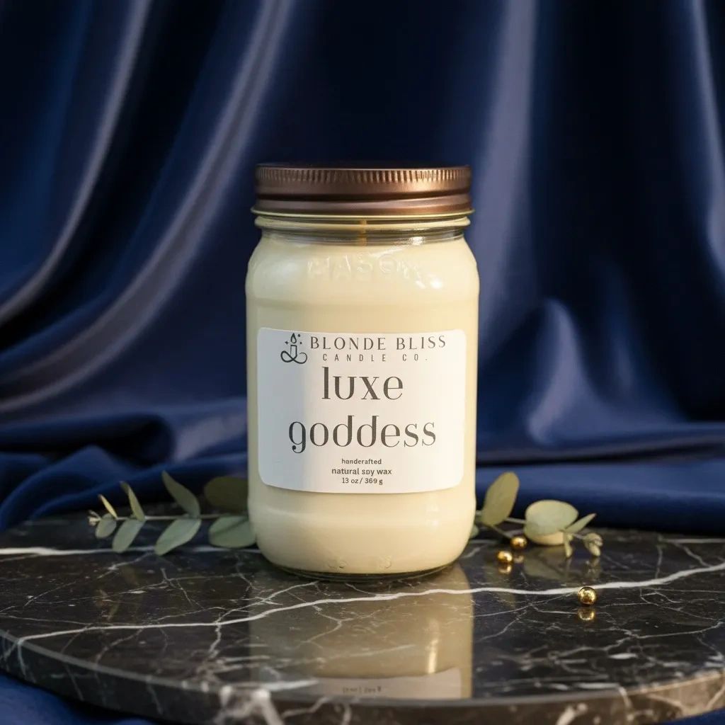 A luxury soy wax candle in a glass jar labeled 'luxe goddess'.