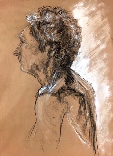 Life drawing class, 2021, Willow, charcoal and white pastel on craft paper.