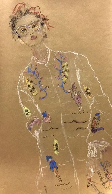 Fashion sketch, Tsumori Chisato, 2019. Rough line drawing using conte and pastels on craft paper.