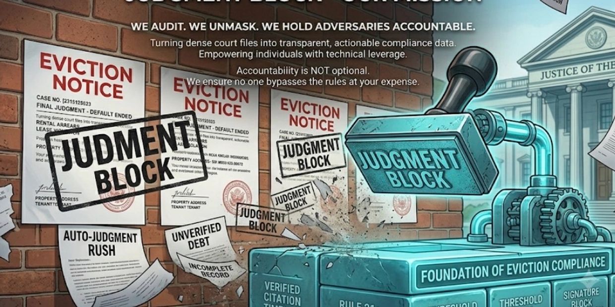 Illustration showing Judgment Block machine transforming eviction notices into verified compliance data.