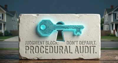 Stone block with keyhole and glowing digital key, captioned 'Judgment Block: Don't Default. Procedural Audit.'