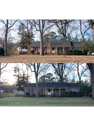 Before and after picture of a leaf cleanup job.