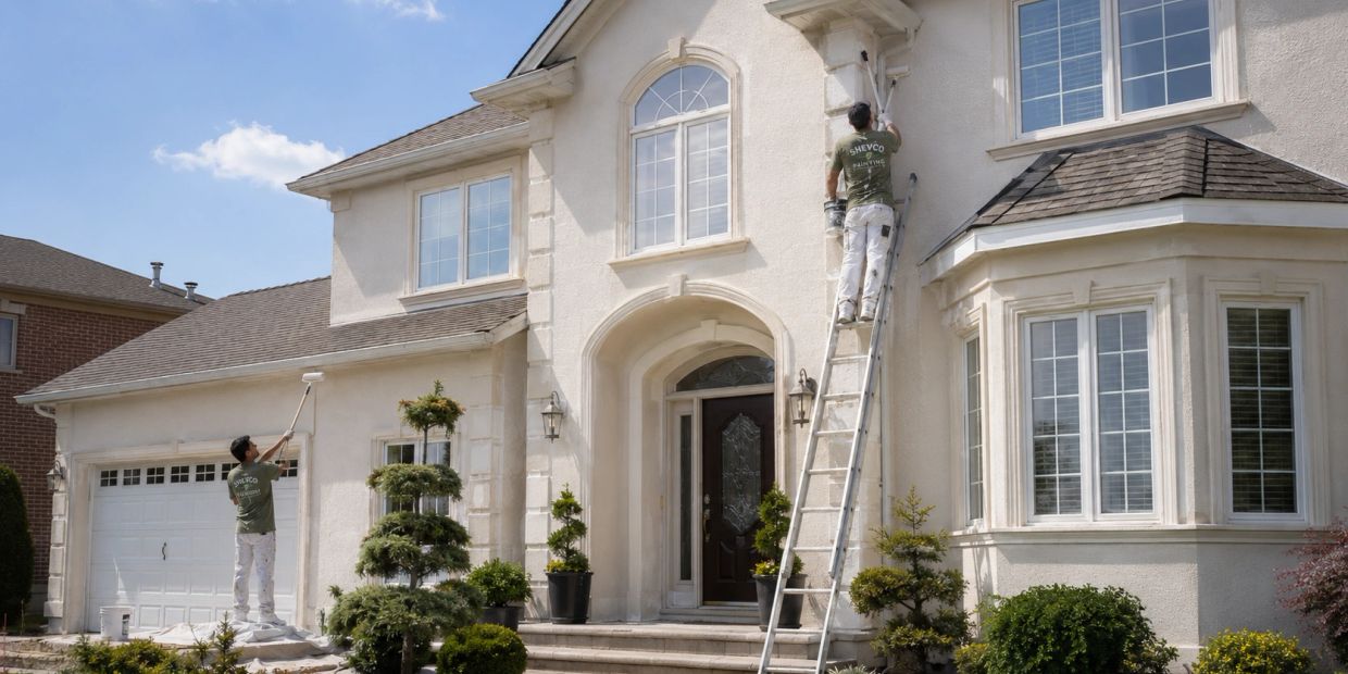 Wide view of a stucco home in Staten Island with Shevco Painting workers applying exterior paint and