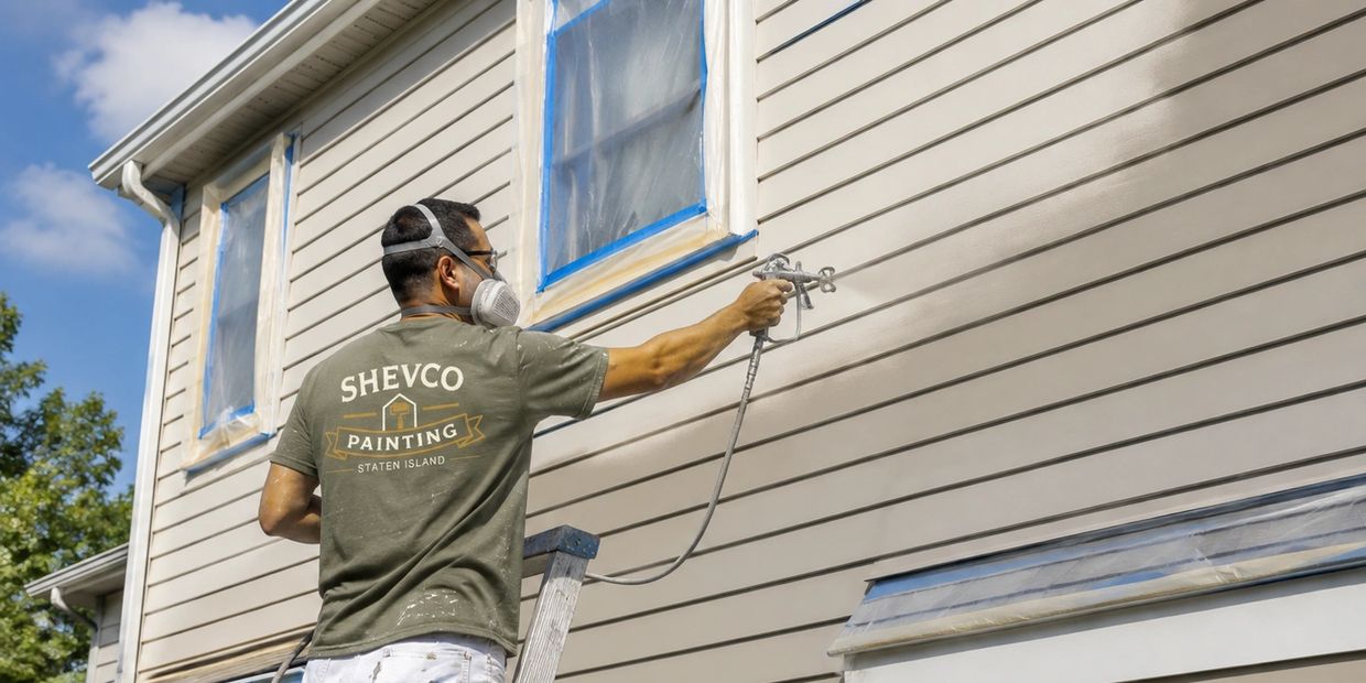 Man spray painting a house exterior.