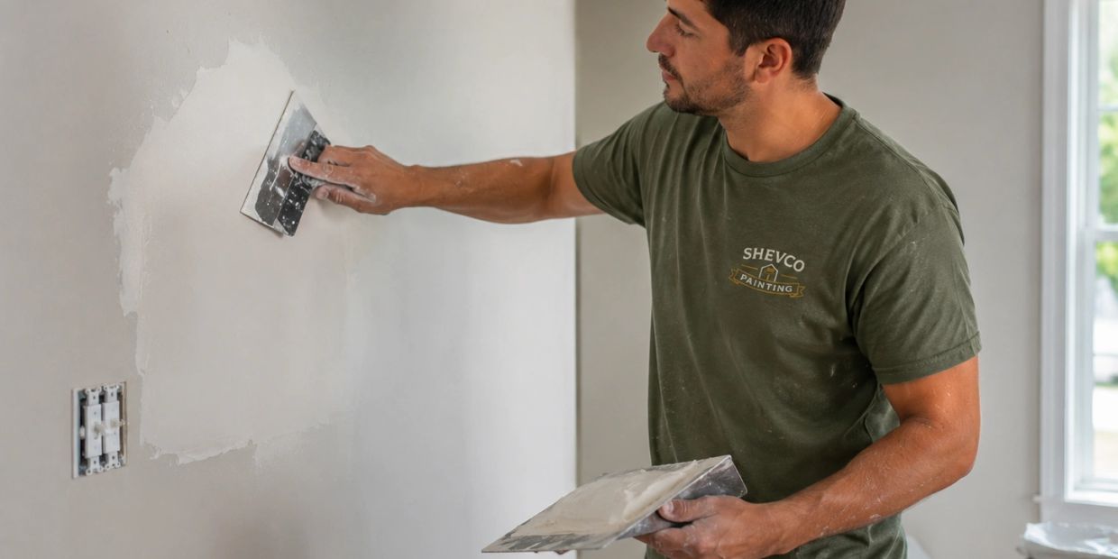 Painter smoothing a wall with plaster.