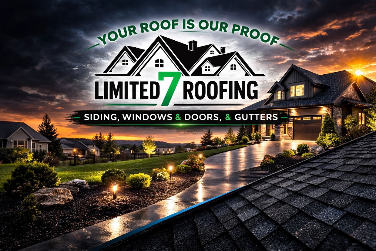 A roofing company ad with a sunset-lit house and slogan about roofing services.
