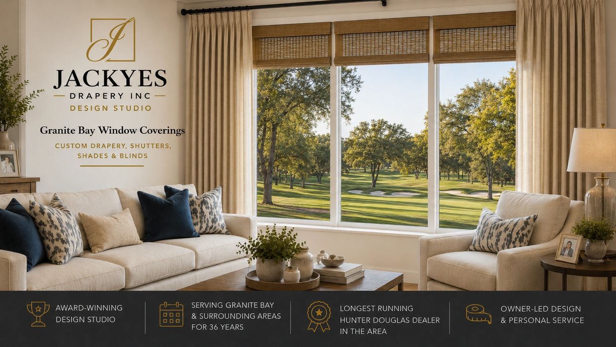 Elegant living room showcasing custom drapery and window coverings with a scenic golf course view.