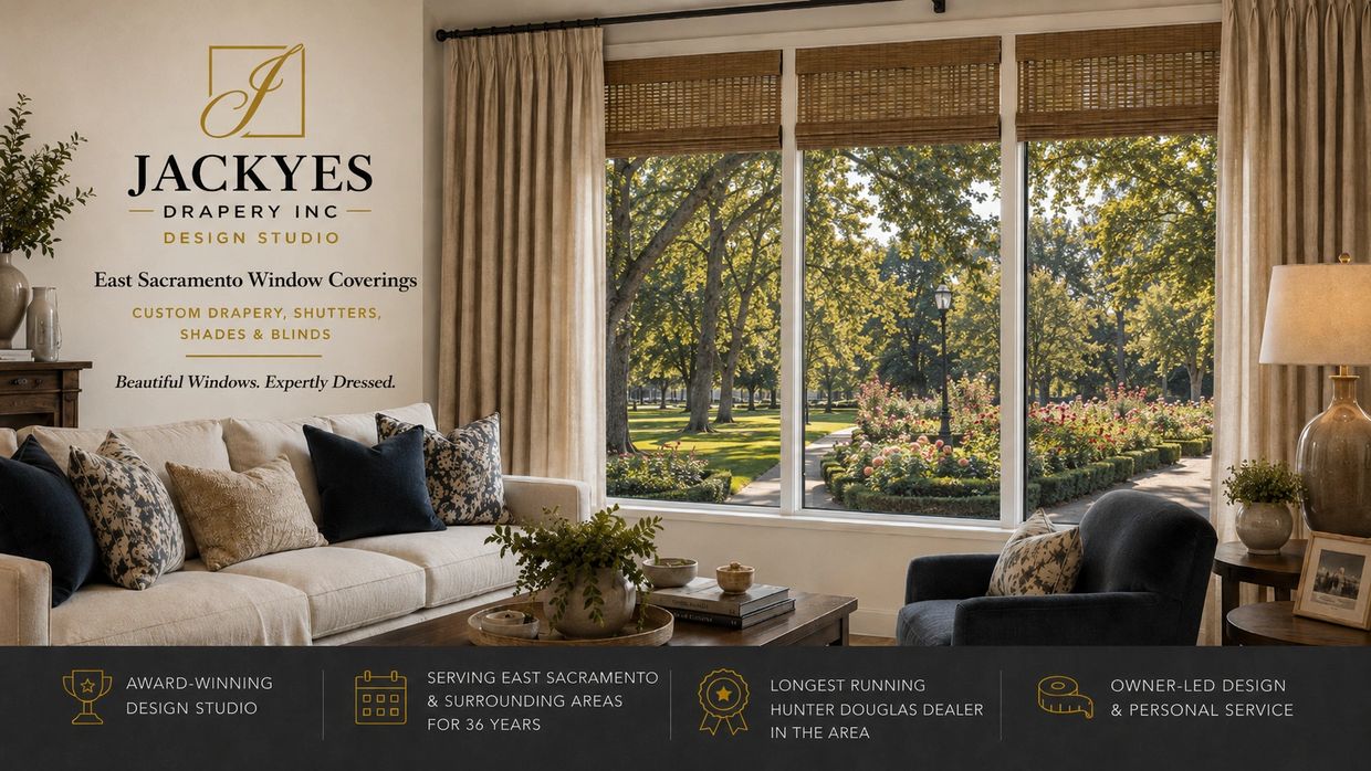 Elegant living room showcasing custom window drapery and a scenic garden view.