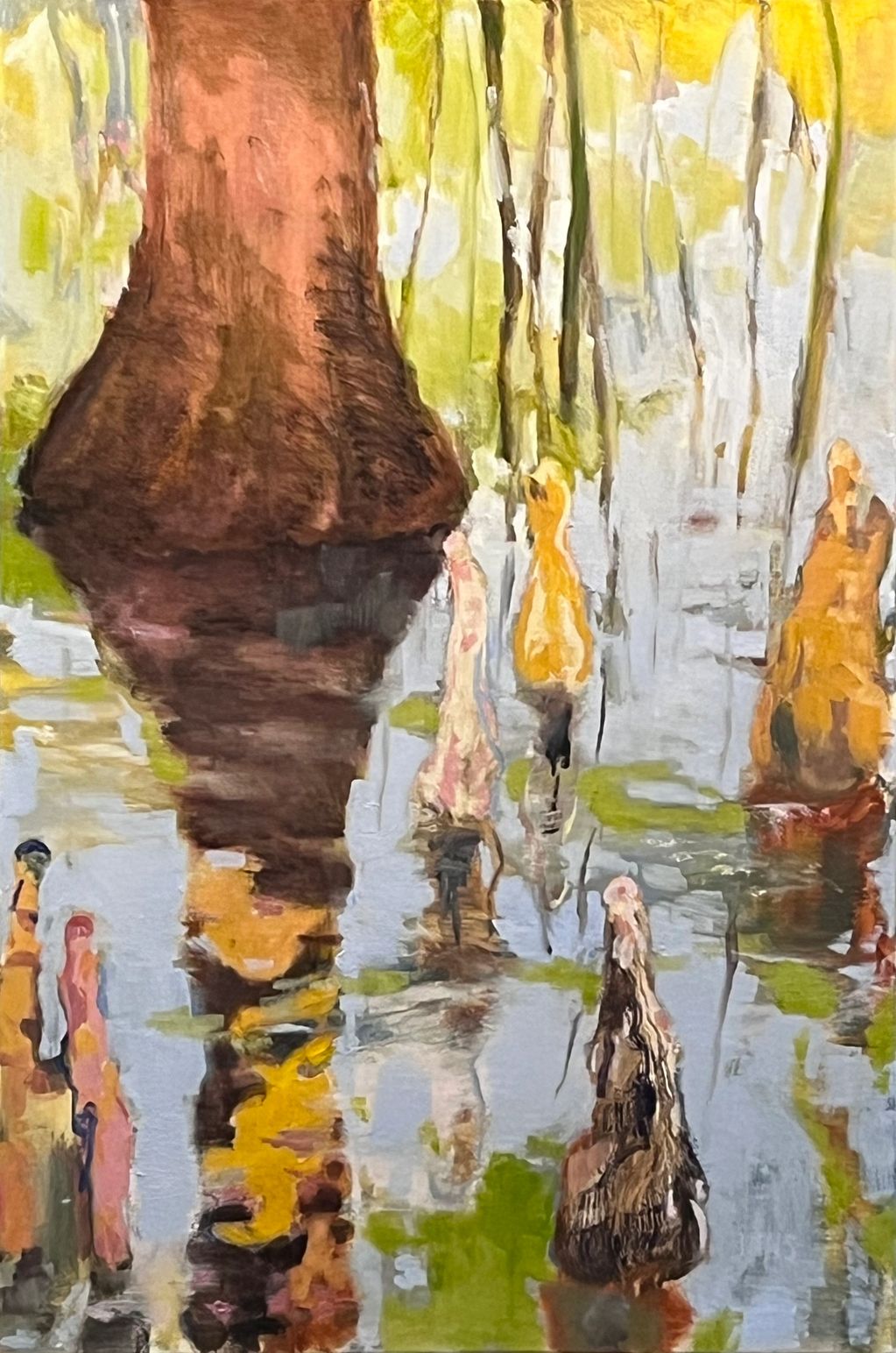 An oil painting by artist Joe Ihns of natural Florida. Reflection of cypress trees and knees in a sw