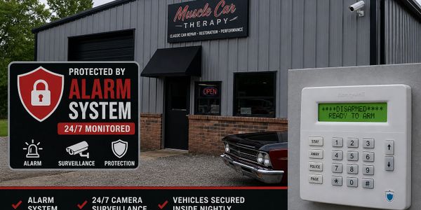 Muscle Car Therapy shop with alarm system and security keypad.