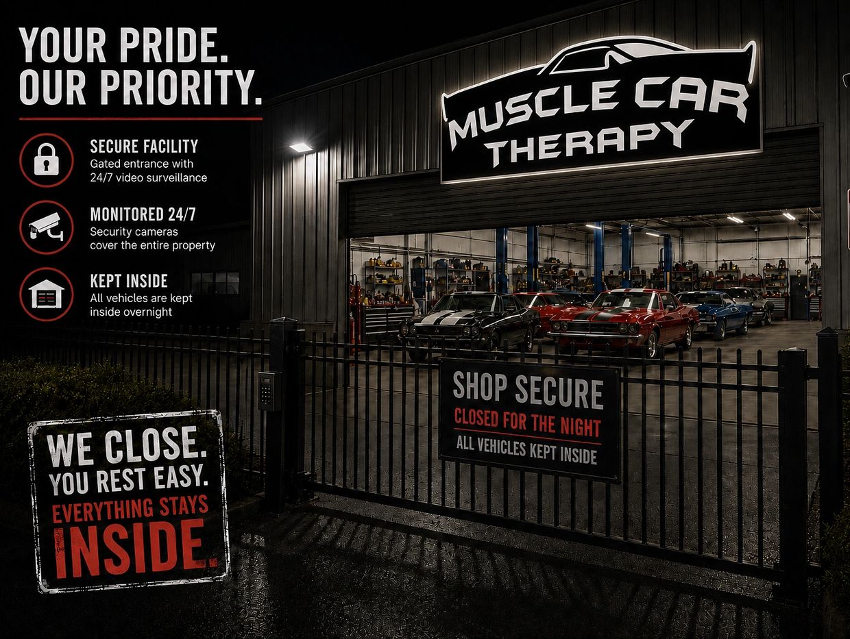 Secure muscle car storage with 24/7 surveillance and gated access.